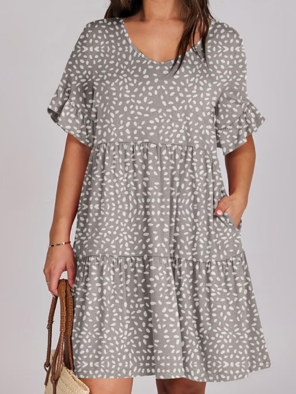 NWT Taupe-Grey Pebble-Print V-neck Mini Dress, Sz S